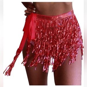 “Women’s belly dance hip scarf with sparkly fringe rave party sequin skirt”